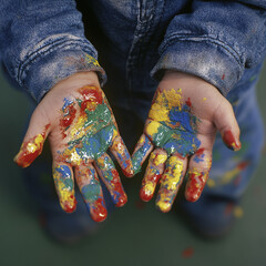 Childs Hands Covered in Vibrant Paint Colors, Creative Art Mess