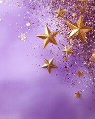 Golden stars and glitter creating a whimsical and festive atmosphere on a purple background.