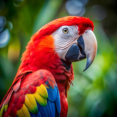 closeup view of a colorful scarlet macaw on blur