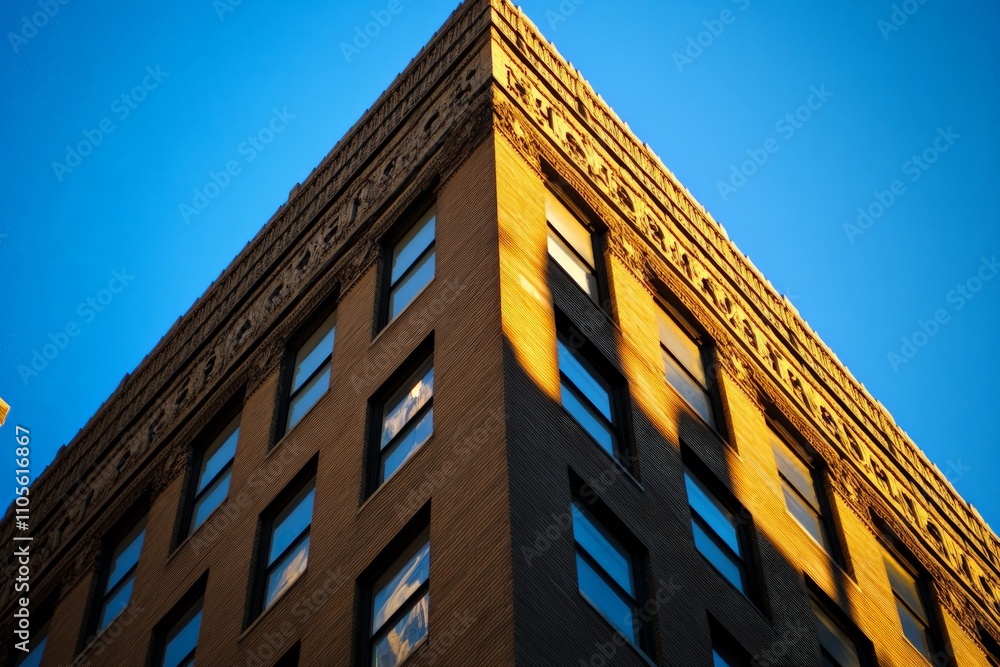 Poster the image highlights a modern building façade with intricate design elements, showcasing a clear blu