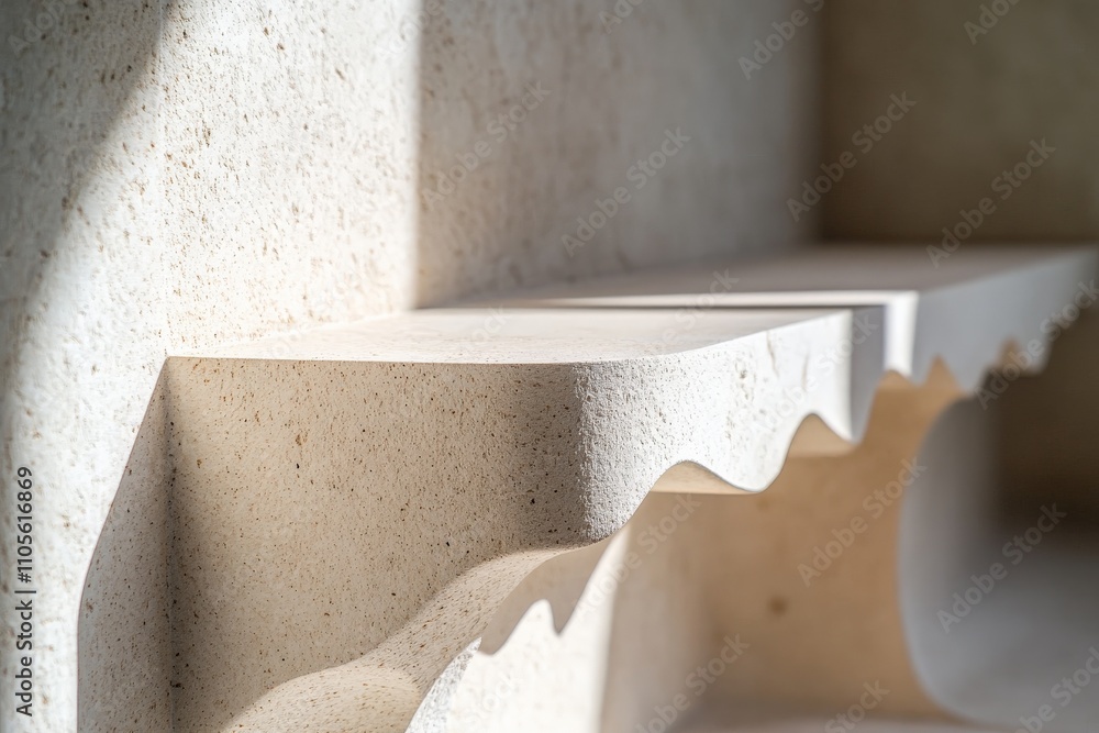 Poster a sunlit stone shelf adorned with smooth organic curves, showcasing the interplay of light and shado