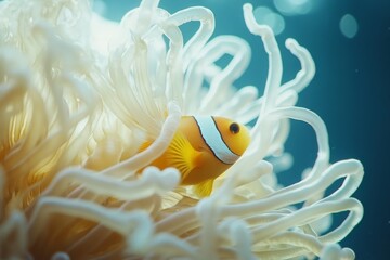 A vibrant orange clownfish is swimming among the white, flowing tentacles of a sea anemone, creating a stunning marine life scene filled with color and motion.