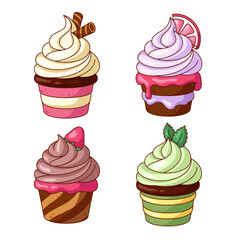 Set of cute cupcakes, cartoon style desserts. Vector illustration, drawings