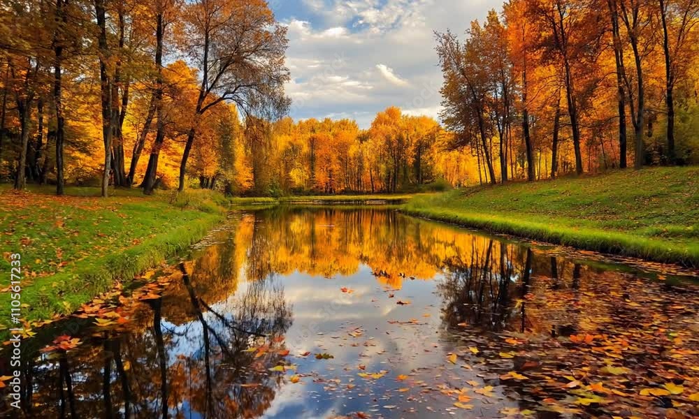 Poster scenic autumn landscape with vibrant trees and reflection on tranquil lake : generative ai