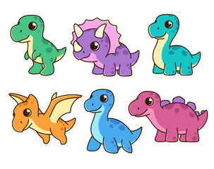Cute cartoon style kawaii dinos, dinosaurs characters, set of vector kids illustration