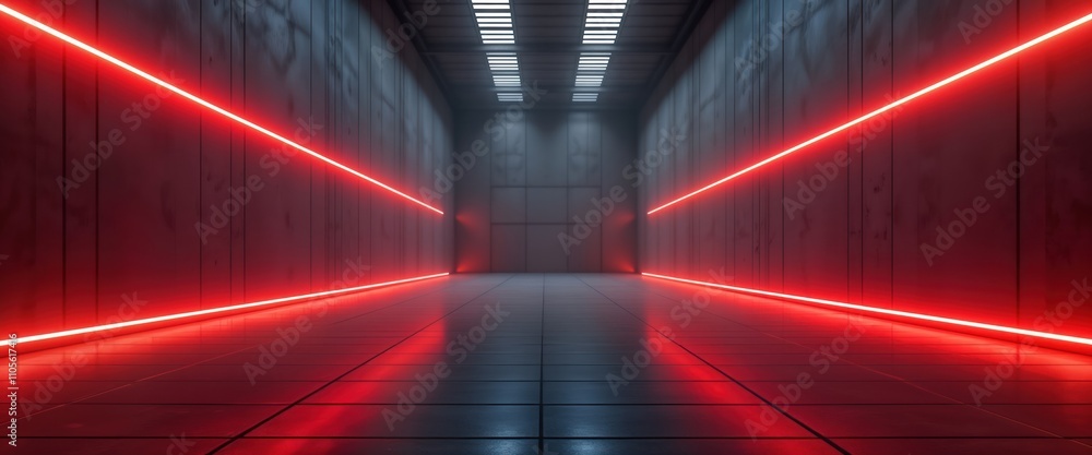 Aufkleber Empty modern hall with futuristic design. Neon red lights line walls, floor creating dramatic effect. Spacious, empty interior. Abstract space design concept. Possible uses include showrooms,