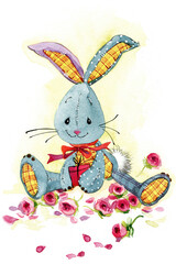 Watercolor vintage cute bunny rabbit doll illustration. Drawn hare isolated on white background. Hand drawn  Birthday card