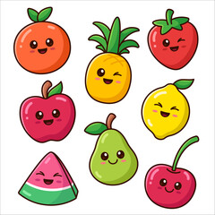 Set of cute kawaii smiling fruits and berries. Vector illustration, cartoon style