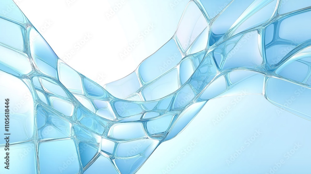 Poster abstract light blue background features transparent gradient stained glass. flowing shapes, patterns
