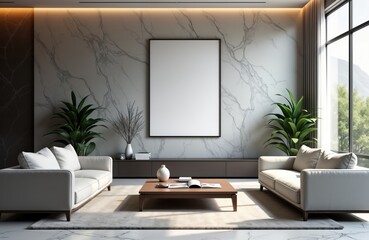 Modern living room interior mockup. Blank frame on grey marble wall. Light beige couch, coffee table. Plants in room. Contemporary style. Cozy, elegant apartment. Luxurious design. Interior design
