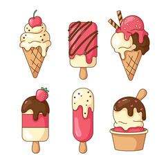 Set of cute kawaii cartoon ice cream desserts, eskimo. Vector illustrations
