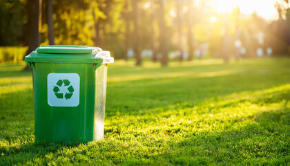 Recycling bin on green meadow. Sorting waste. Environmental pollution.