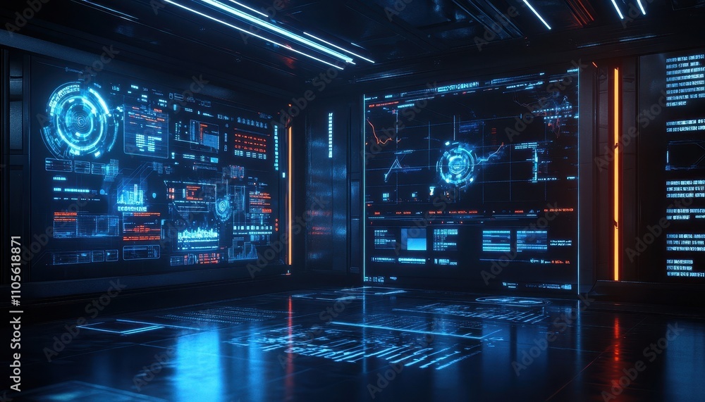 Poster futuristic room displays advanced digital data interfaces