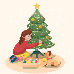 A girl decorates a Christmas tree with a dog, vector postcard, new year and Christmas