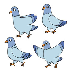 Set of funny cartoon style pigeons, vector  bird characters