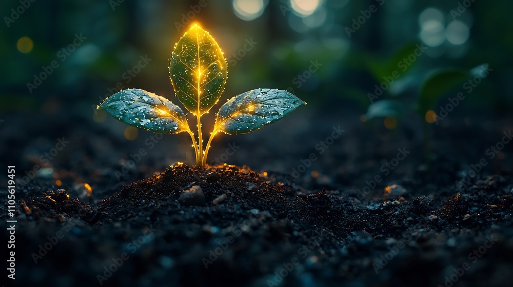 Poster glowing digital seed sprouting into a tree symbolizing business vision and core values