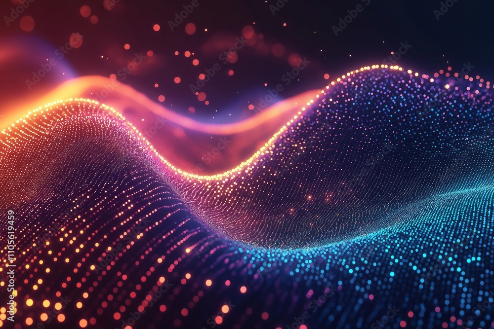 Fototapete abstract futuristic data wave background shows glowing particles forming wavy shapes. dynamic glowin