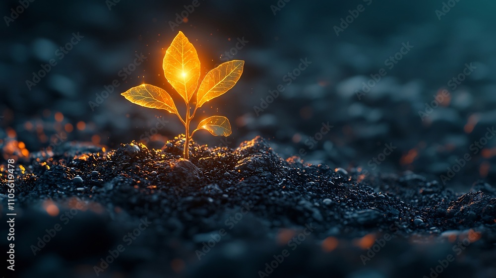 Poster glowing digital seed sprouting into a tree of business core values