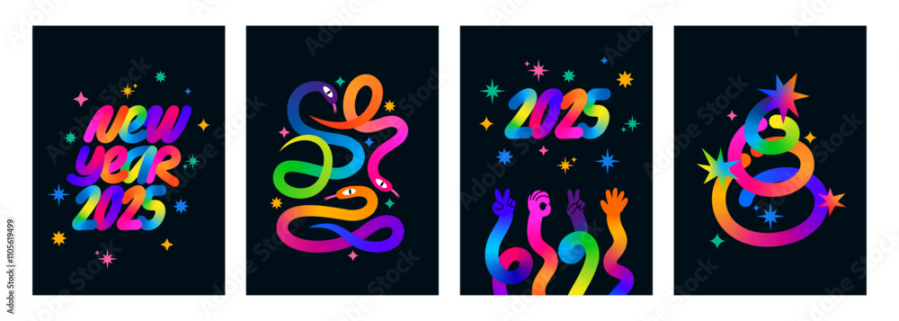 Poster 2025 Happy New Year Vector Background Set. Abstract Modern Cards with Abstract Geometric Illustrations. Color Gradient Line Shapes. Christmas Design Elements Concept