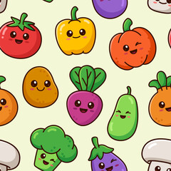 Cute kawaii smiling vegetables seamless pattern, background. Vector illustration, cartoon style