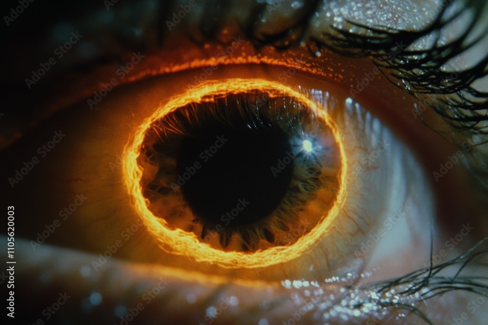 Poster an enchanting close-up of an eye encircled by a fiery golden glow, blending intensity and warmth, ev