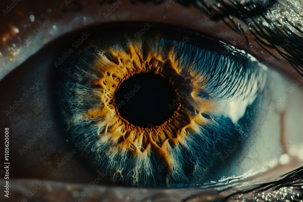 Poster a stunning macro shot of an eye capturing intricate details, featuring a vibrant, fiery iris that co