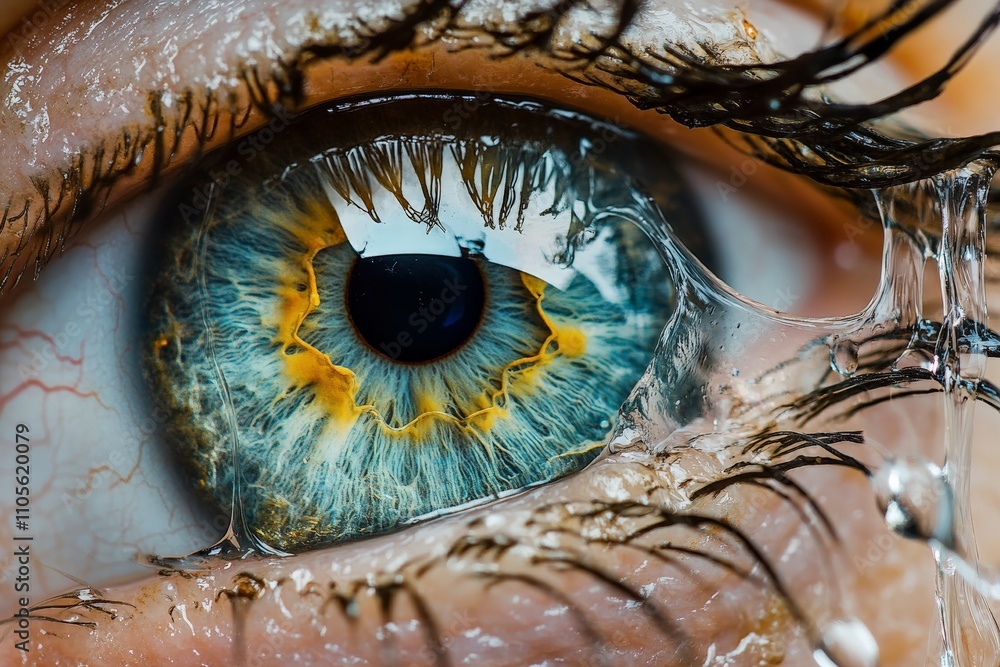 Aufkleber a macro shot capturing a wet human eye in striking detail, with vibrant, colorful features and refle