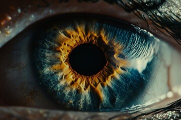 A stunning macro shot of an eye capturing intricate details, featuring a vibrant, fiery iris that contrasts strikingly with surrounding blue hues.