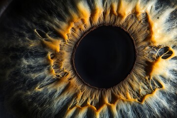 This dynamic close-up macro shot portrays a human eye with a vibrant iris, showcasing the interplay of light and texture for compelling visual impact.