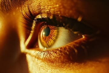 An eye-catching close-up of a human eye bathed in warm, golden highlights, showcasing rich textures...