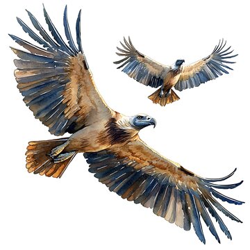 Two majestic bearded vultures in flight, watercolor illustration.
