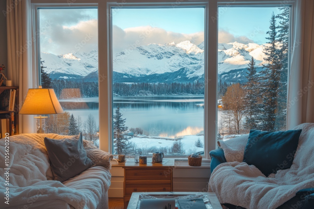 Canvas Prints Cozy Living Room Winter Mountain Lake View