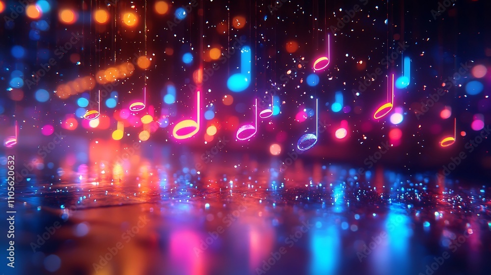 Poster futuristic digital grid with floating holographic music notes in neon lit abstract design
