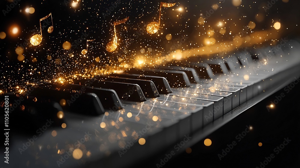 Poster glowing abstract piano keys with floating music notes against dynamic black and white background