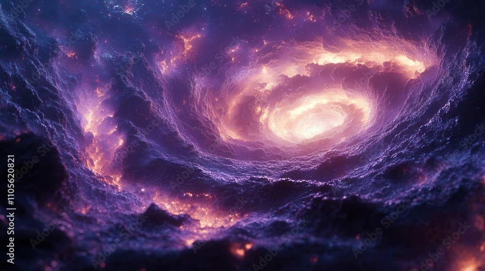 Poster cosmic aurora spirals with glowing neon gradients, dynamic particle flows, and intricate texture ove