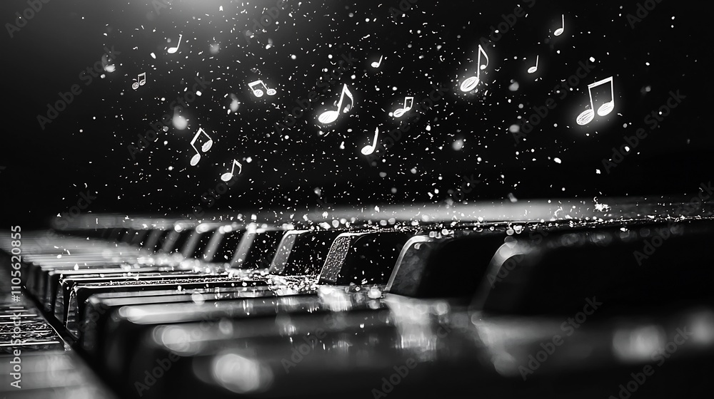 Poster ethereal piano keys with floating music notes on glowing abstract background