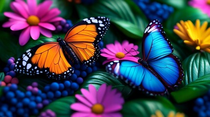 Fototapeta premium Colorful Butterflies Among Vibrant Flowers