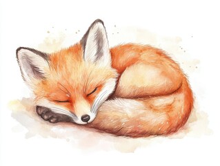 Obraz premium A watercolor painting of a sleeping fox kit