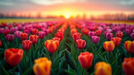 Vibrant red, orange and pink tulips in a field at sunset. AI generative. .