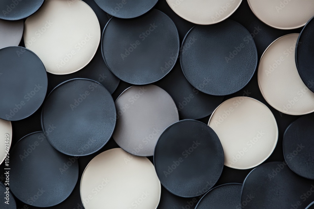 Fototapete a modern abstract design showcasing overlapping circular patches in various shades of black, grey, a
