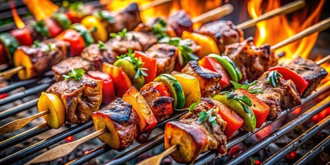 Aerial View of Juicy Meat Skewers Grilling Over Hot Charcoal on a Barbecue, Capturing the Sizzling Action and Delicious Marinades for Food Lovers and Grill Enthusiasts