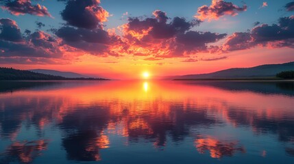 Naklejka premium A breathtaking sunset reflects vibrant orange and purple hues in a serene lake, surrounded by mountains and a peaceful sky.