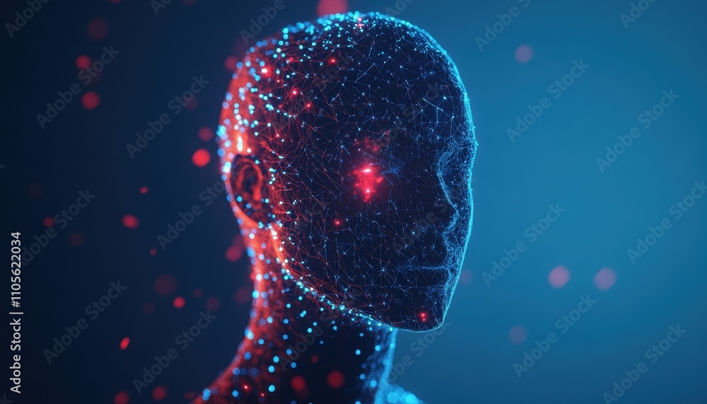 Poster abstract digital head illuminated with red and blue lights