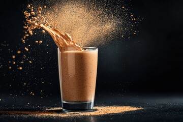 Dynamic protein shake pouring nutrition in dark environment