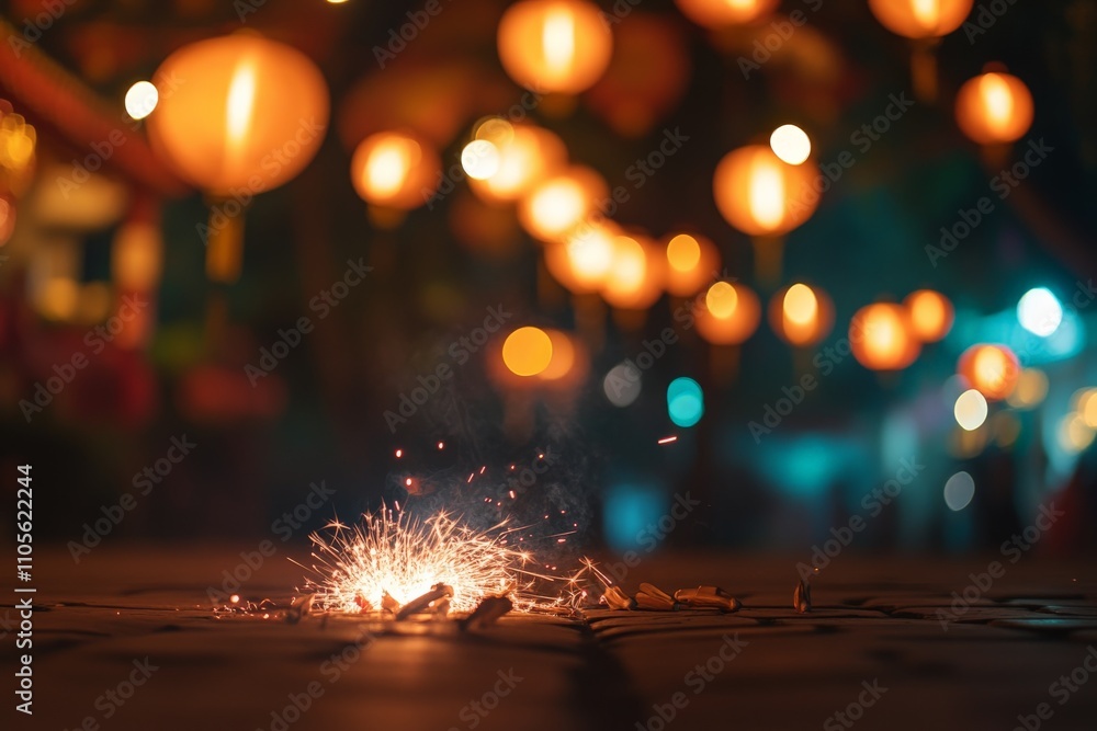 Aufkleber This image captures a festive scene with bright sparklers on the ground, surrounded by softly glowing lanterns that illuminate the night with warmth and joy.
