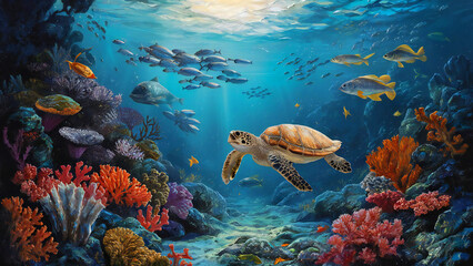 Fototapeta premium An enchanting underwater scene with colorful coral reefs, schools of fish, and a sea turtle