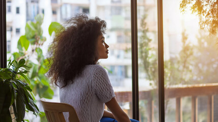 Reflection captures a moment of peace as a woman gazes outside, surrounded by greenery and the distant hum of city life, finding solace within.