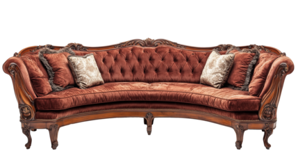  antique Victorian-style curved sofa with velvet cushions and carved wooden frame in dark red color isolated on transparent background