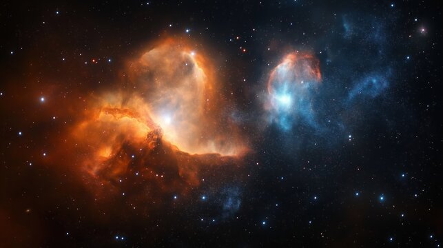 Digital graphic poster shows abstract space scene with galaxy, nebula. Colorful nebulae, bright stars create dynamic cosmic landscape. Space graphic design captures cosmic wonders. Inspiring imagery