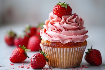 Closeup of a pink and white cupcake with a strawberry on top, surrounded by strawberries. AI generative. .